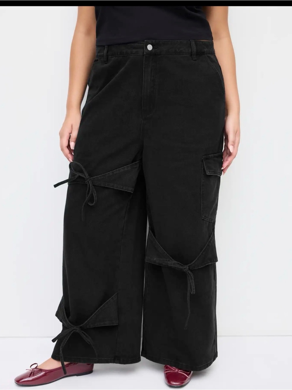 Cider Bow Knot Wide Leg Cargo Denim Jeans with Tie Detail - Black 1X NEW NWT